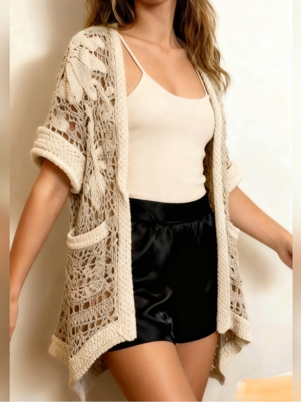 Angel Of The North Size M Cream Crochet Open-Front Cardigan Linen Blend